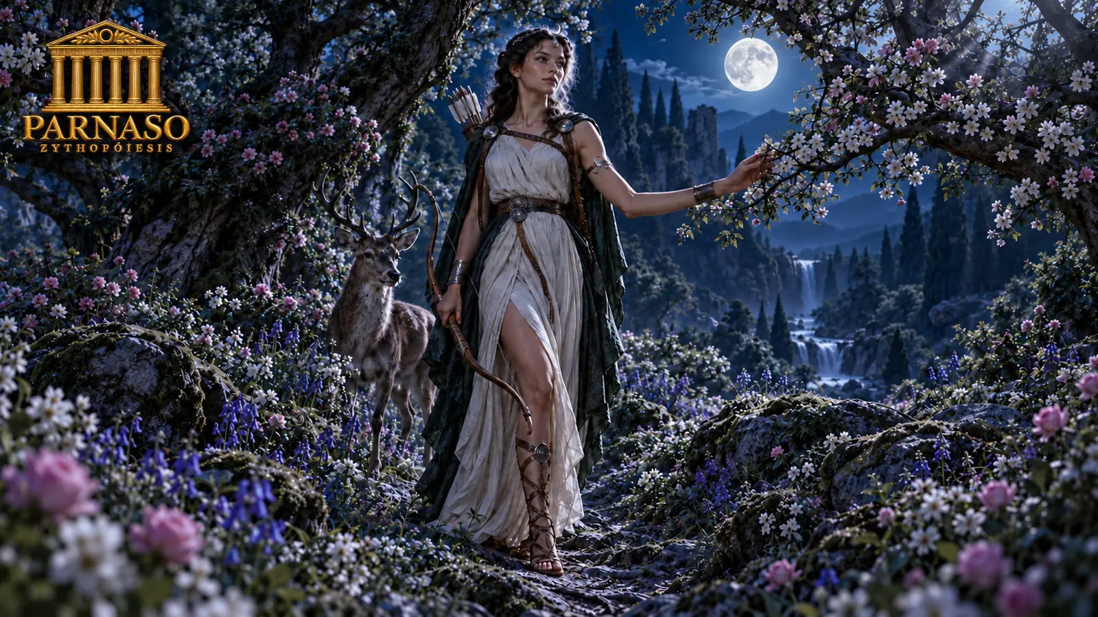 Artemisa caminando entre flores silvestres bajo la luna llena, con el ciervo a su lado